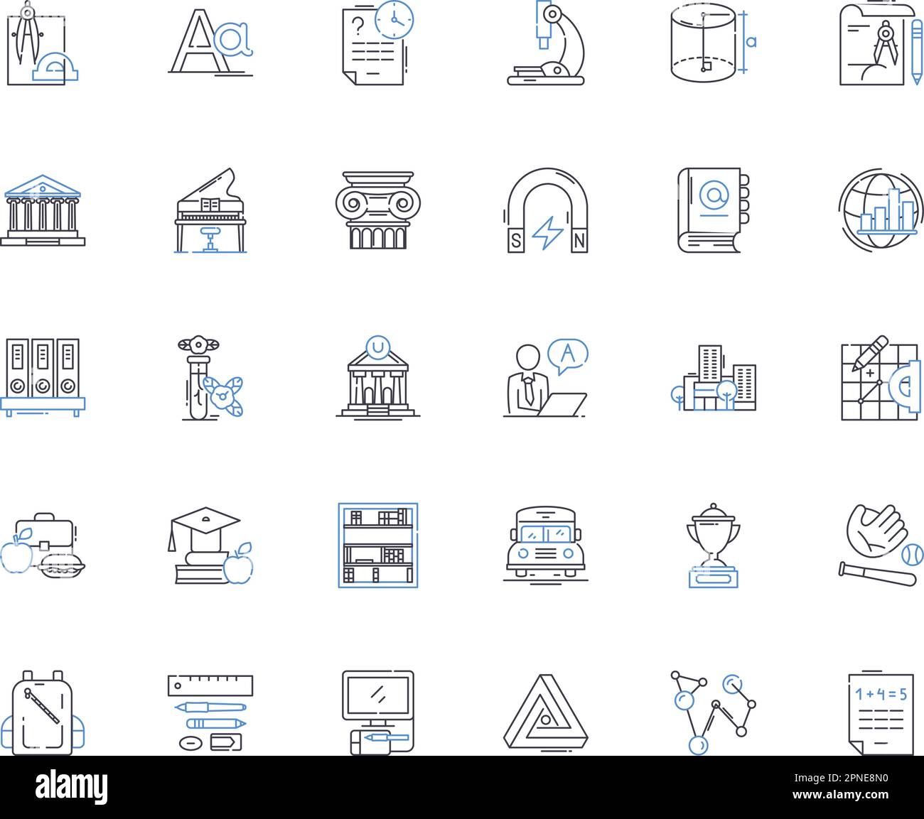 Symbolsammlung der Grundschule. Lernen, Lehrplan, Spielplatz, Klassenzimmer, Lehrer, Schüler, lustiger Vektor und lineare Illustration. Bildung Stock Vektor