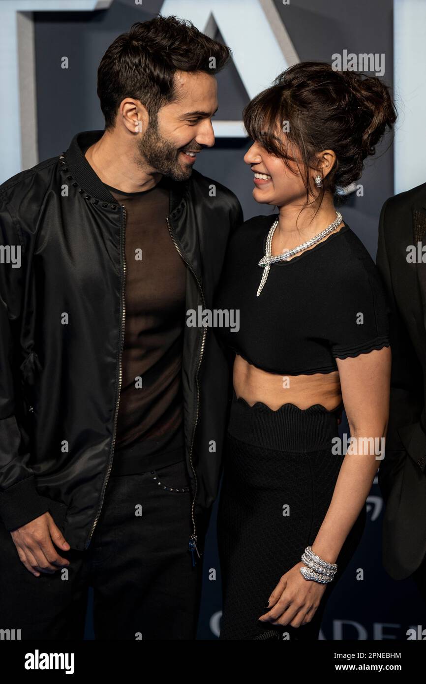 Varun Dhawan und Samantha Ruth Prabhu besuchen die Weltpremiere der neuen Amazon Prime Video-Serie Citadel im Theatre Royal, Drury Lane, in London. Foto: Dienstag, 18. April 2023. Stockfoto