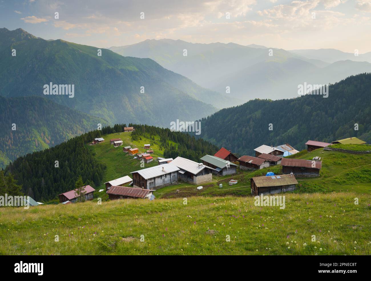 Panoramablick auf das Pokut-Plateau. Sommer. Reisen in der Türkei. Schwarzmeerregion in Türkiye. Camlihemsin, Rize Stockfoto