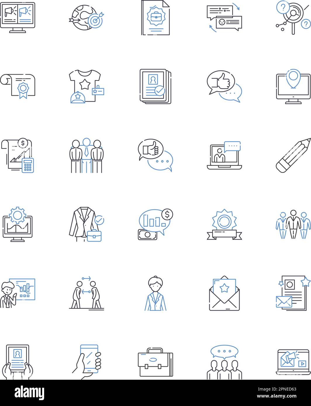 Sammlung von Symbolen für Markenwerbung. Bewusstsein, Identität, Positionierung, Engagement, Differenzierung, Loyalität, Strategievektor und lineare Illustration Stock Vektor