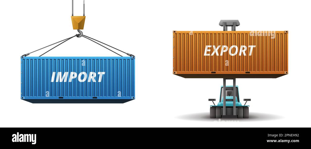Frachtcontainer Satz von zwei realistischen Bildern mit angehobenen und erhöhten Vektorbildern für Import und Export markierter Container Stock Vektor