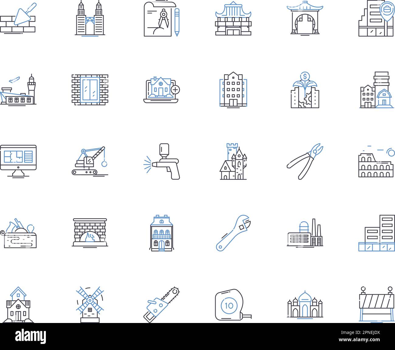 Architektonische Blueprint-Liniensammlung. Plan, Blueprint, Design, Layout, Entwurf, BluePrinting, Schemavektor und lineare Darstellung. Umriss Stock Vektor
