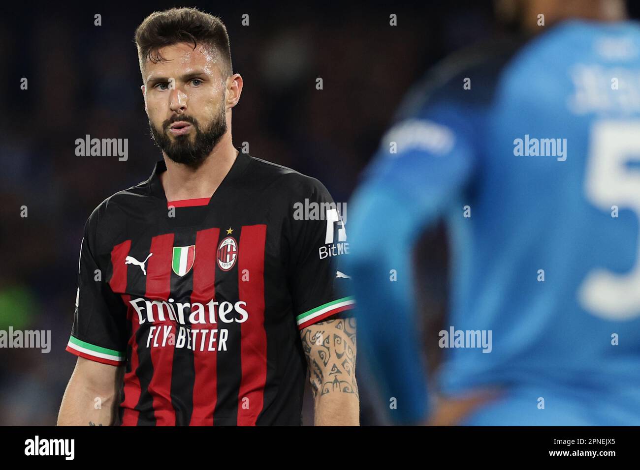 Neapel, Italien. 18. April 2023. Olivier Giroud von AC Milan während des Champions League-Fußballspiels zwischen SSC Napoli und AC Milan im Diego Armando Maradona Stadion in Neapel (Italien), April 18. 2023. Kredit: Insidefoto di andrea staccioli/Alamy Live News Stockfoto