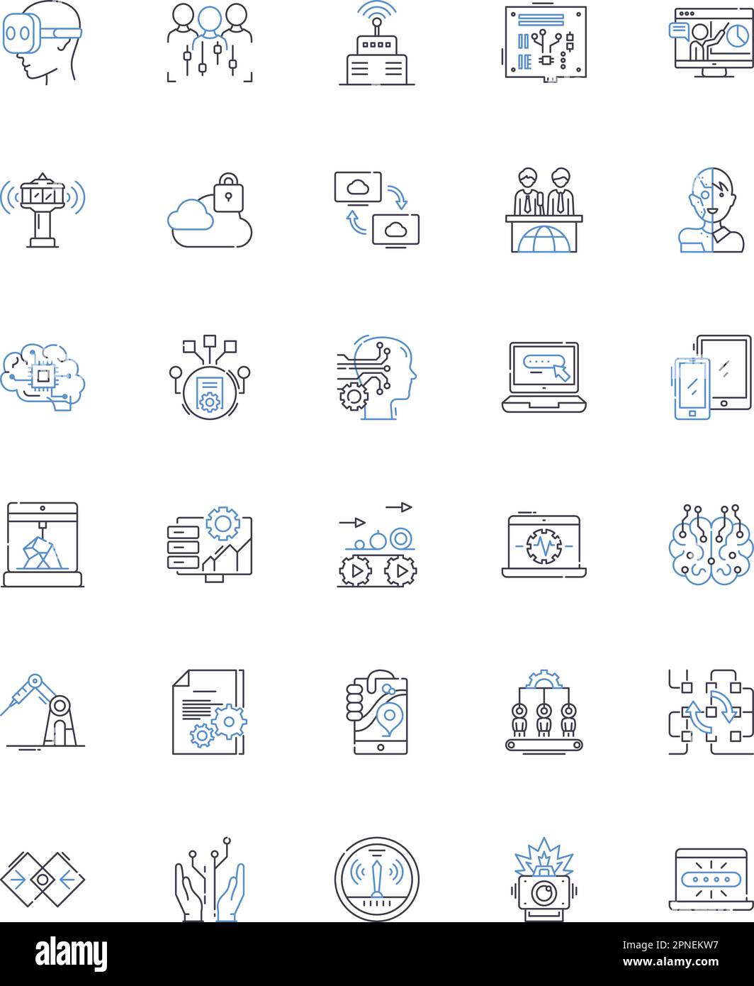 Sammlung der Zeilensymbole für erweiterte Algorithmen. Optimierung, Heuristik, Rechenleistung, Parallelität, Maschinelles Lernen, Big Data, Clustering-Vektor und Stock Vektor