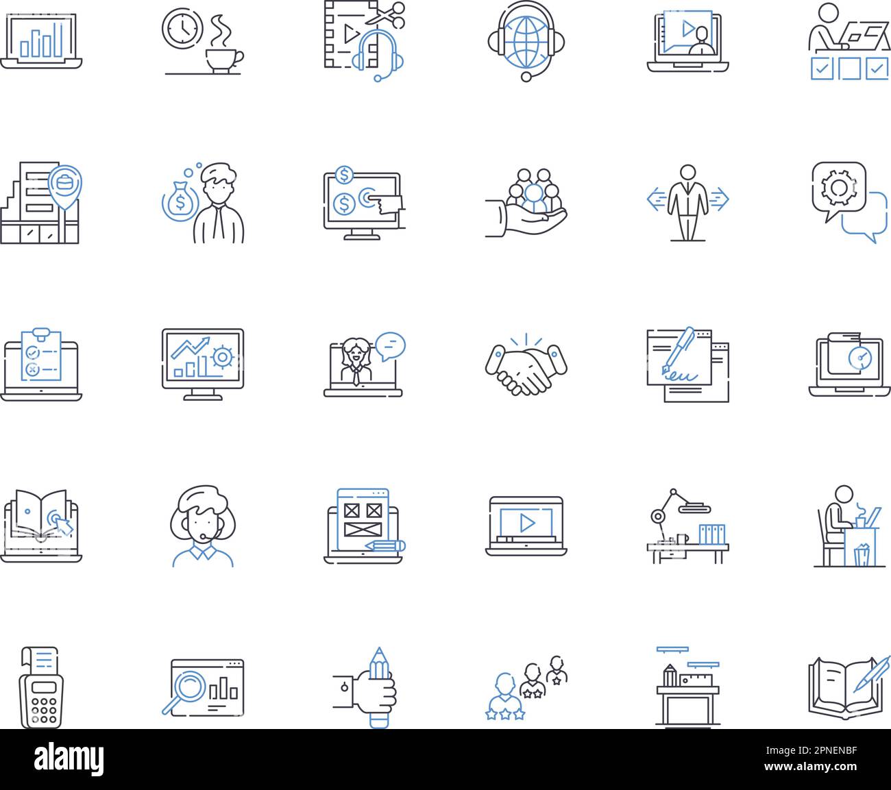 Externe Team Line Icons Kollektion. Remote, Virtuell, Verteilt, Unabhängig, Freistehend, Outstatid, ausgelagerter Vektor und lineare Darstellung Stock Vektor