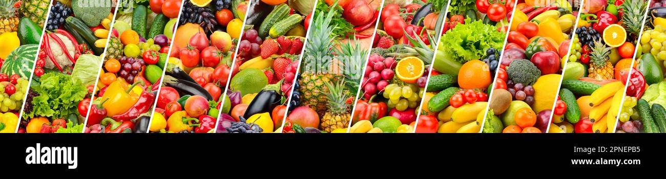 Obst, Gemüse, Beeren, durch schräge Linien getrennt. Breites Panorama. Stockfoto