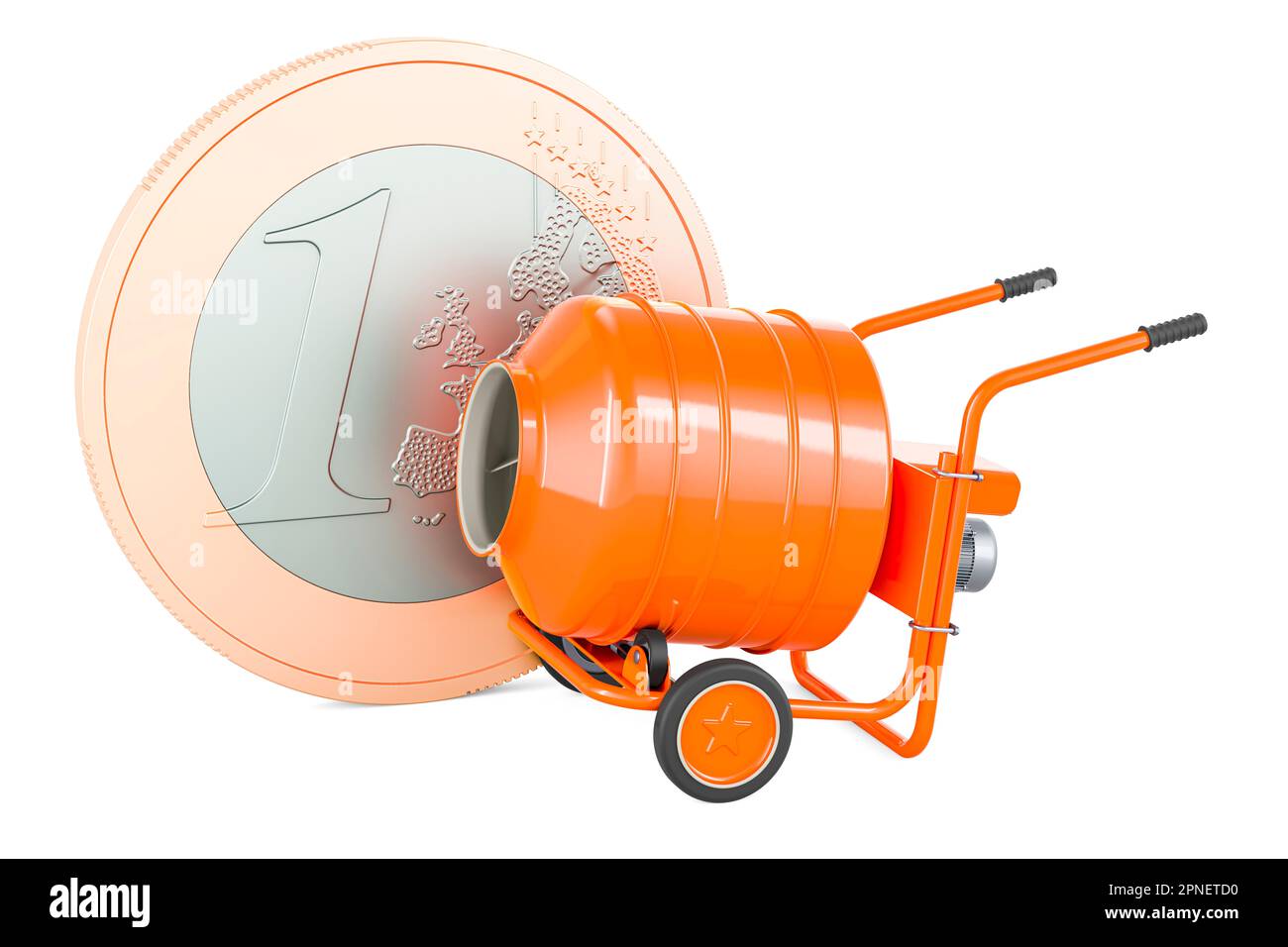 Zementmischer mit Euro-Münze, 3D-Rendering isoliert auf weißem Hintergrund Stockfoto
