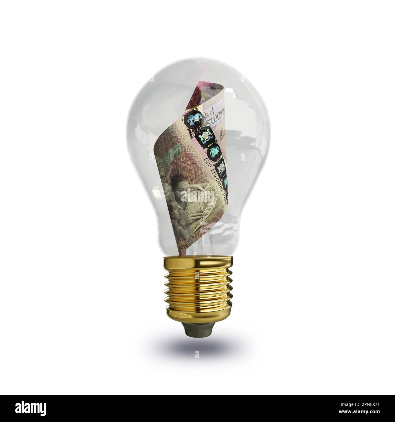 3D-Darstellung botswananischer Pula Note in transparenter Glühbirne isoliert auf weißem Hintergrund, kreatives Denken. Geld verdienen, indem man Probleme löst. id Stockfoto
