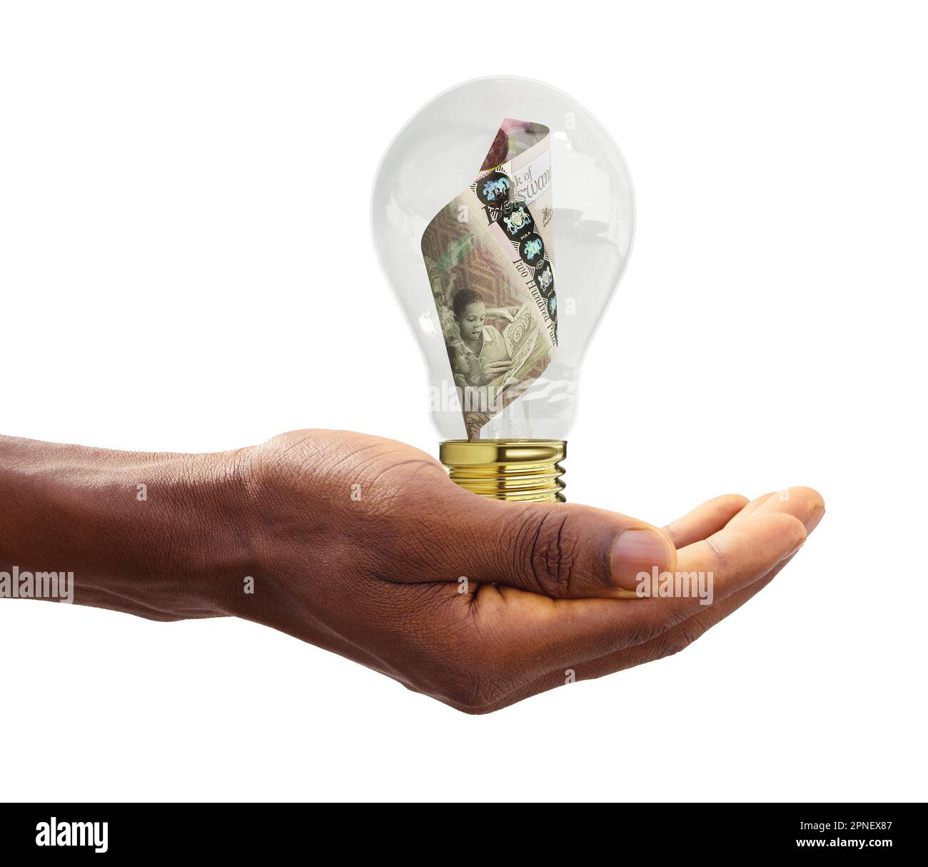 Schwarze Hand mit 3D-Darstellung einer neuen botswananischen Pula Note in transparenter Glühbirne, kreatives Denken. Geld verdienen, indem man Probleme löst. Ich habe eine Idee Stockfoto