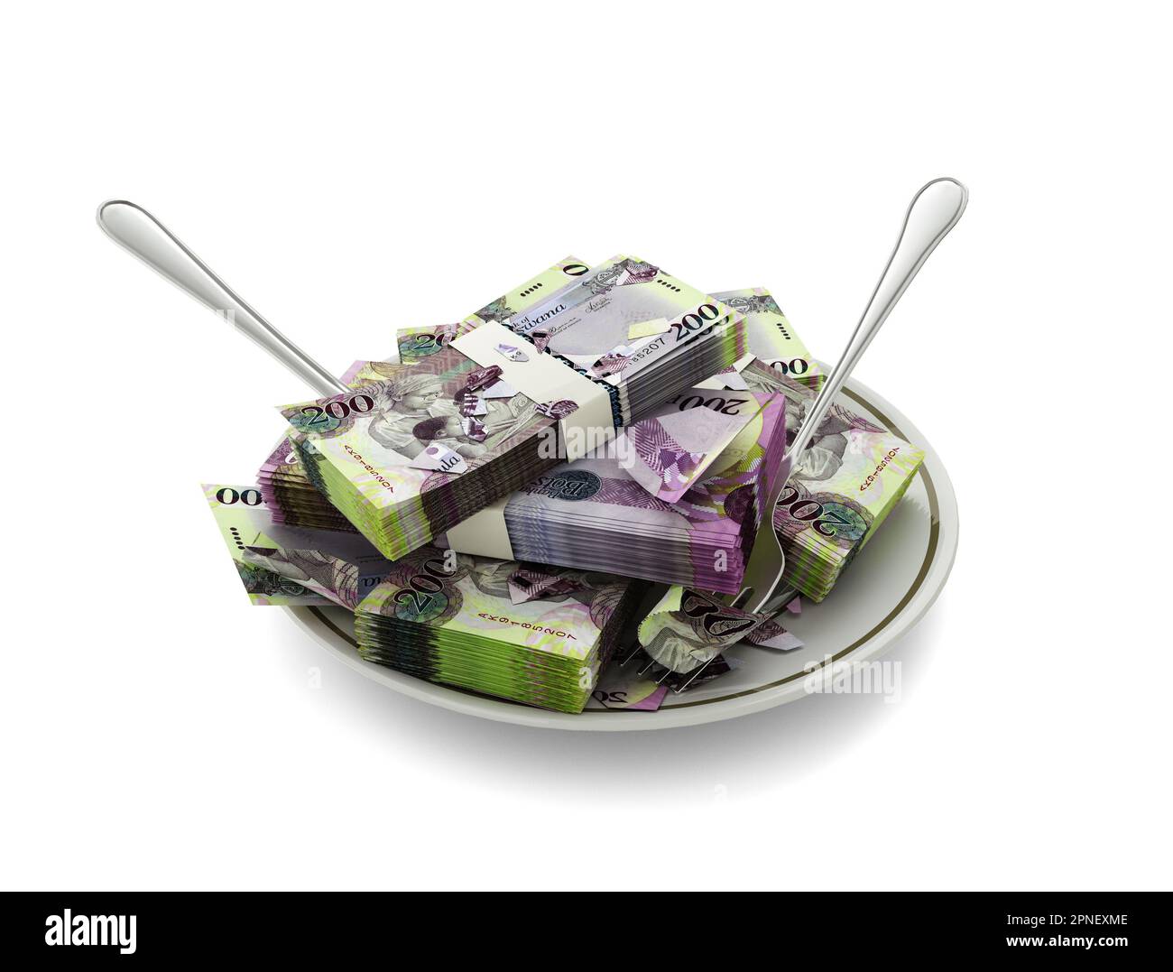 3D-Darstellung botswananischer Pula-Noten auf Platte. Geld, das für das Lebensmittelkonzept ausgegeben wird. Essenskosten, teure Mahlzeiten, Taschengeld-Konzept. Geld essen, Misus Stockfoto