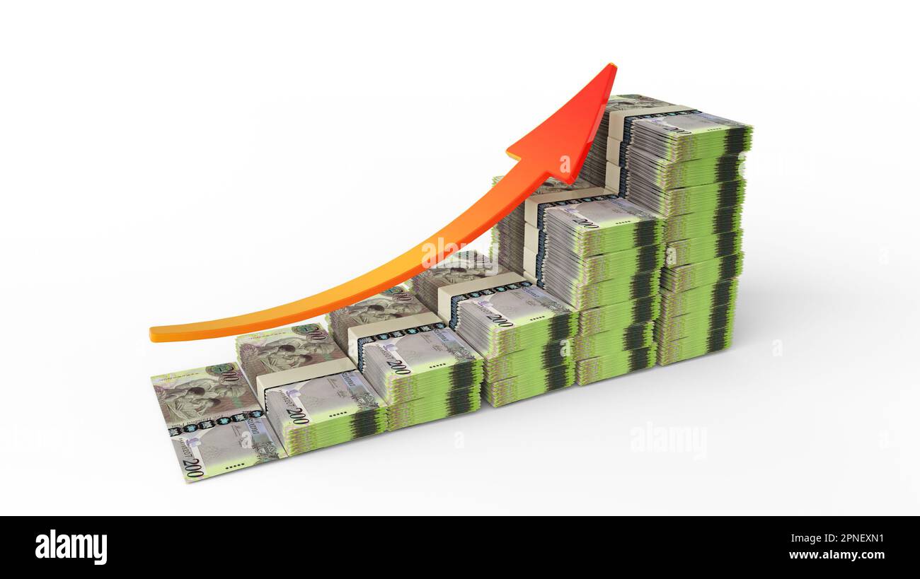 Zeichen für Finanzwachstum aus Stapeln botswananischer Pula-Noten. 3D Darstellung von botswanischen Geldern in Form eines Balkendiagramms, isoliert auf weißem Ba Stockfoto