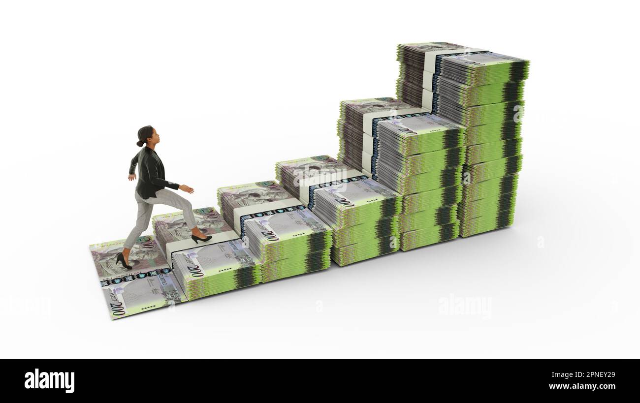 Geschäftsfrau, die Treppen hochklettert, aus neuen Botsuana Pula-Notizen. 3D Darstellung von Geld in Form eines Diagrammsymbols für das Finanzwachstum. Geschäfte Stockfoto