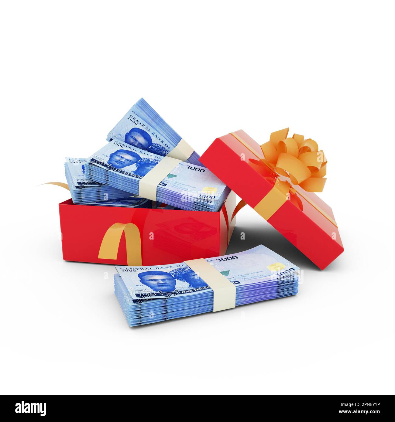 Stapel neuer nigerianischer Naira-Noten in einer offenen roten Geschenkbox. Bündel nigerianischer Naira in einer Geschenkbox. 3D Gelddarstellung innerhalb der Box isoliert Stockfoto