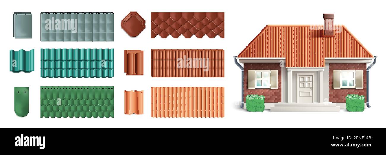 Realistische Dachsymbole für Hüttenfliesen Setzen Sie Kacheln unterschiedlicher Größe Formen und Farben Vektordarstellung Stock Vektor