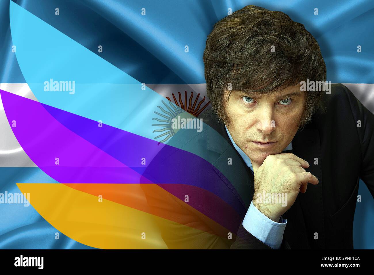 Javier Milei, argentinische Flagge und Logo der Libertarian Party Stockfoto