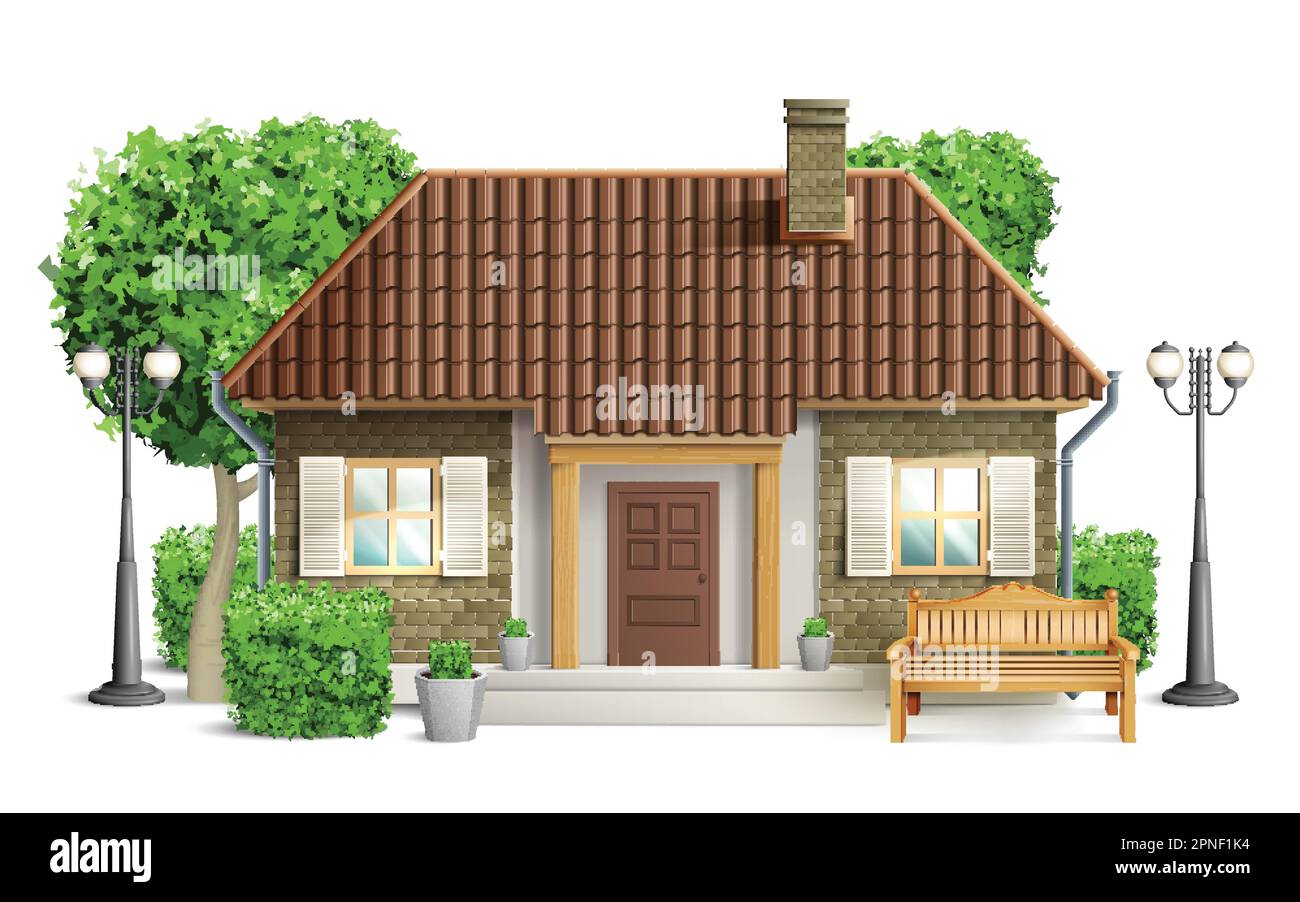 Realistische Cottage-Zusammensetzung sauberes neues Cottage mit einem braunen Dach steht zwischen den Bäumen Vektordarstellung Stock Vektor