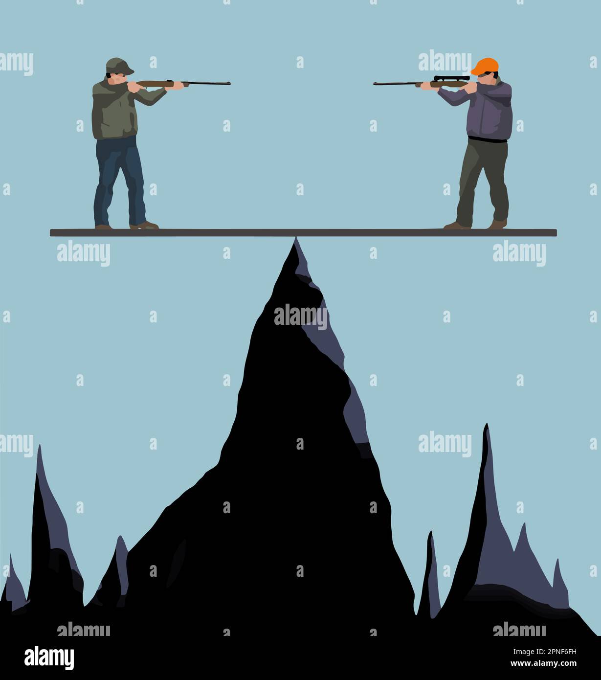 Hier ist eine "No Win" -Situation mit zwei Kerlen, die in einem Vektorbild aufeinander zielen. Stock Vektor
