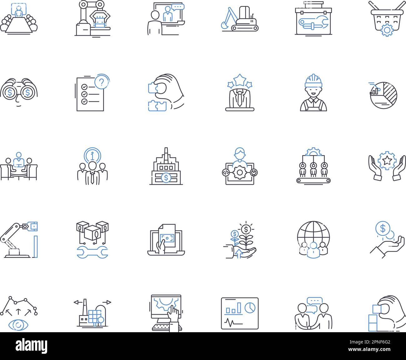 Symbolsammlung für Produktionslinien in der Massenproduktion. Effizienz, Standardisierung, Fließband, Automatisierung, Volumen, Konsistenz, Arbeitsteilungsvektor und Stock Vektor