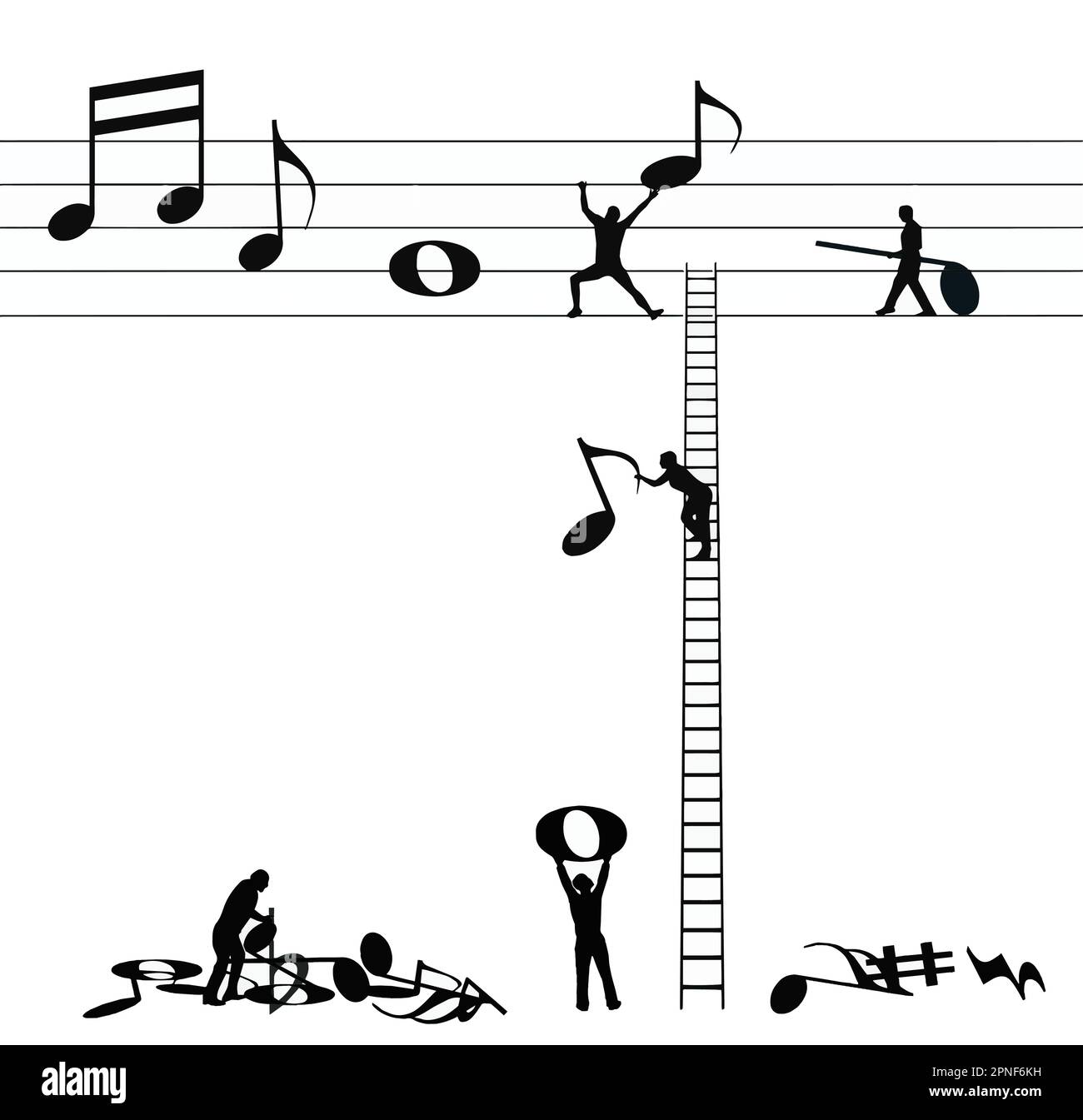 Menschen arbeiten daran, riesige Noten zu verschieben und sie in einem Vektor über das Schreiben von Musik auf einem Musikpersonal zu platzieren. Stock Vektor