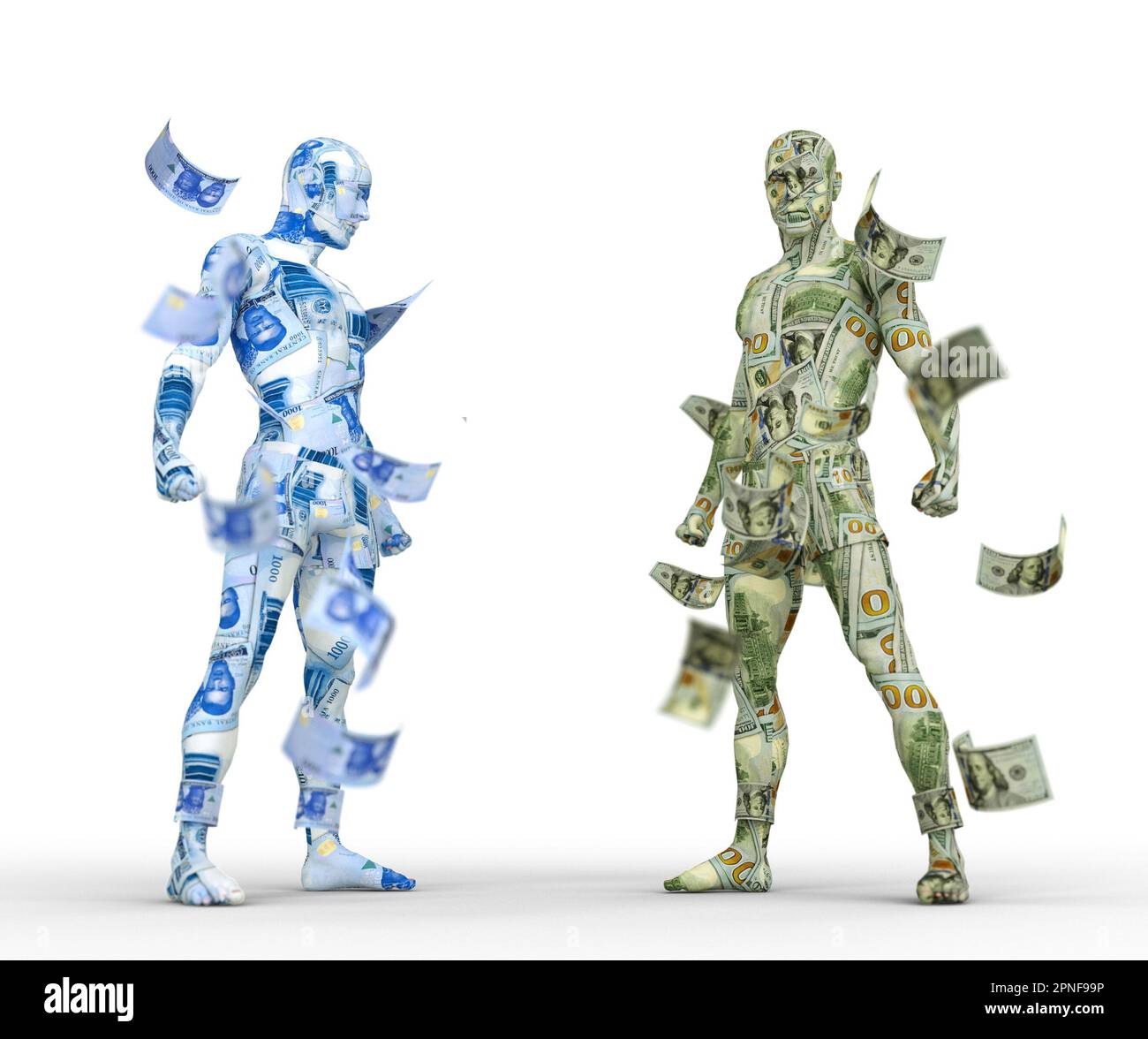 US-Dollar vs. Nigrische Naira, Forex-Handel, Währungspaar, menschliche Charaktere aus Geld, Währungskampf, 3D Rendering Stockfoto