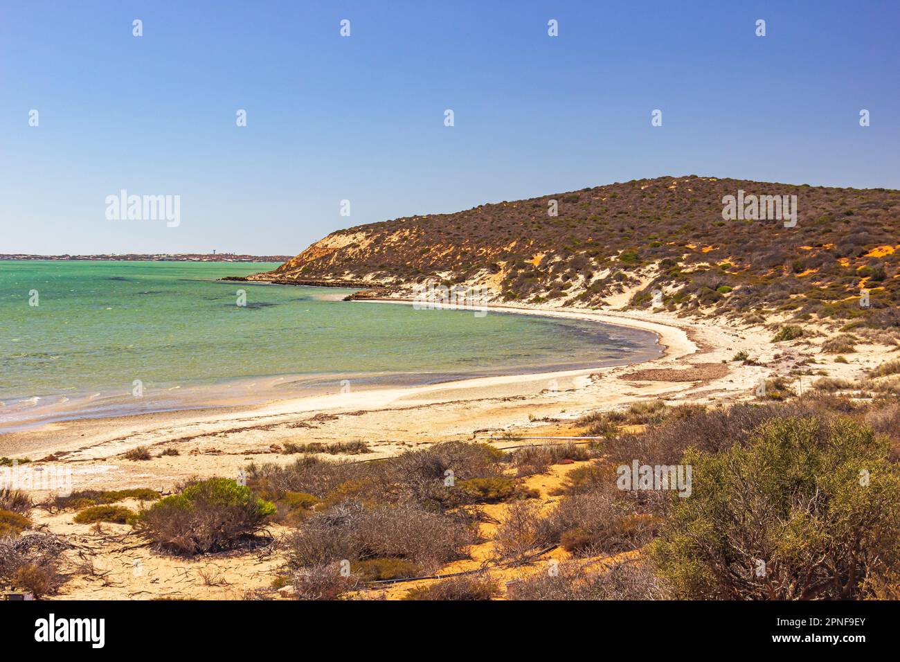 In der Shark Bay in Westaustralien, Australien, treffen trockene und zerklüftete Klippen auf das Meer. Stockfoto