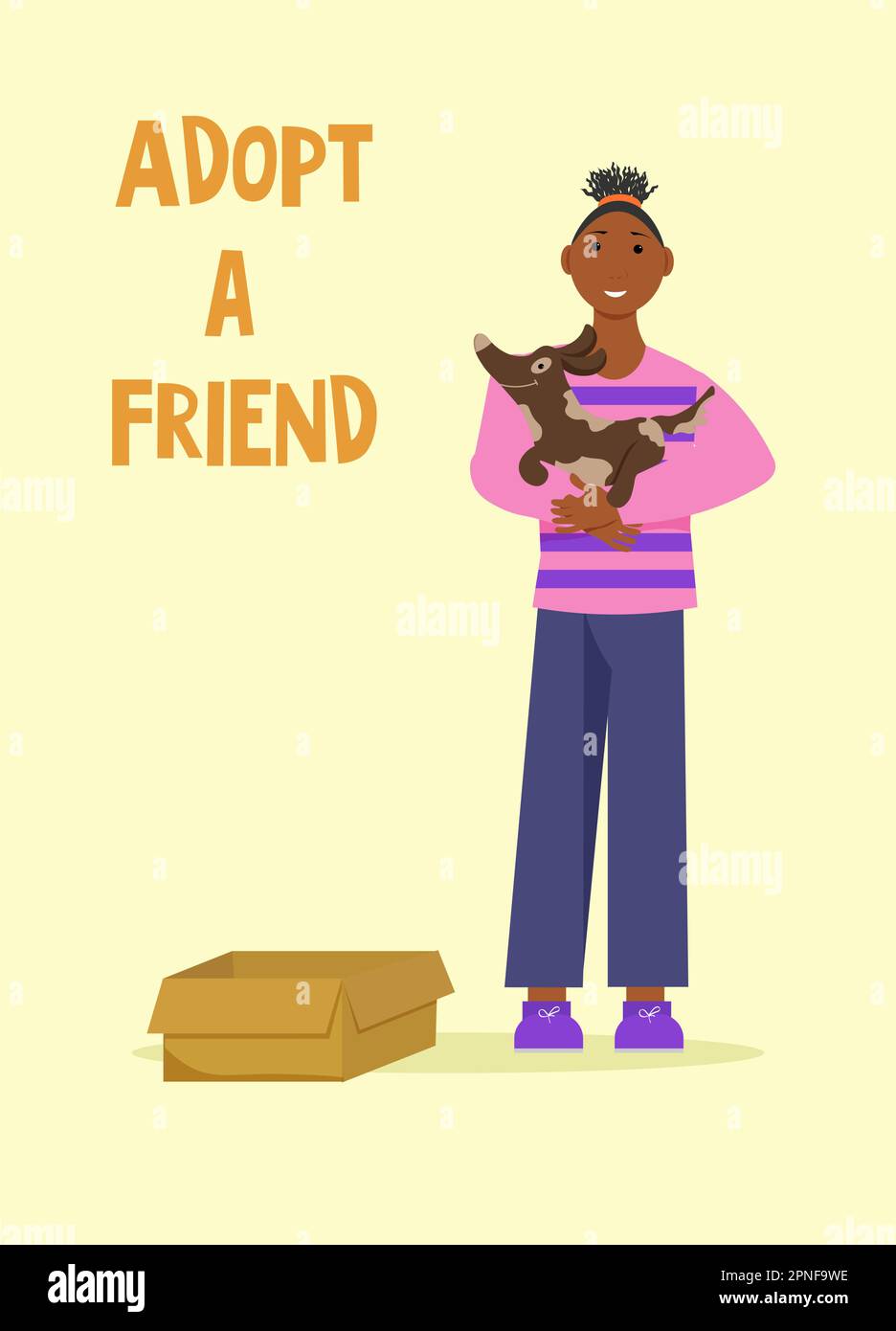 Schwarzes Mädchen mit einem Welpen in den Armen. Menschen und Tiere. Vektordarstellung. Stock Vektor