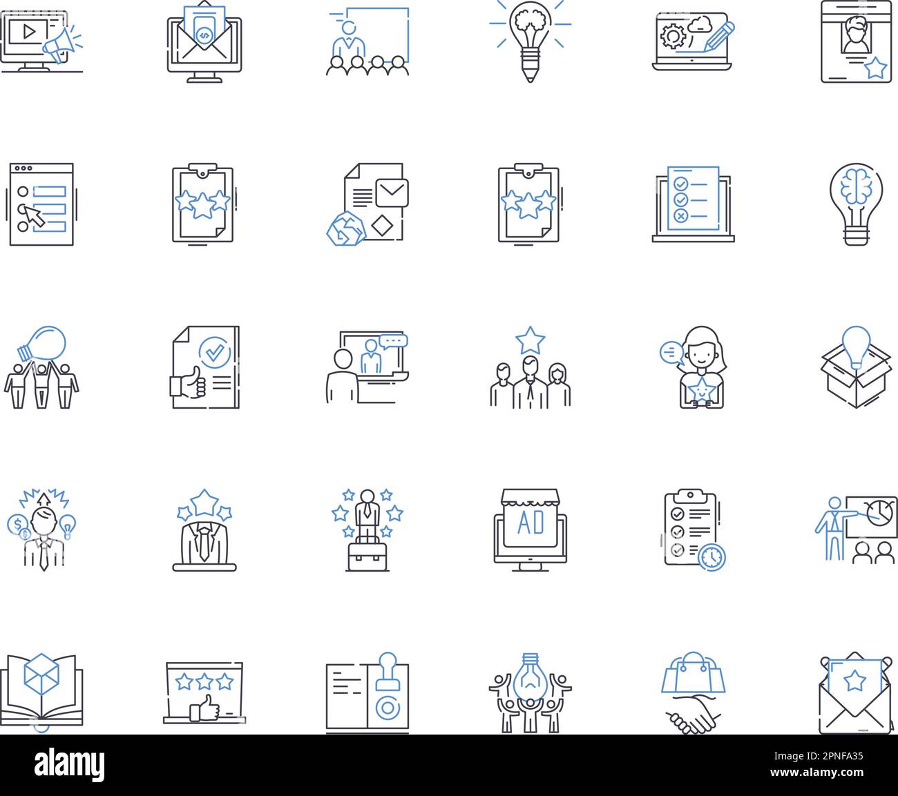 Symbolsammlung für Markenagenturen. Kreativität, Strategie, Branding, Design, Werbung, Innovation, Marketingvektor und lineare Illustration Stock Vektor