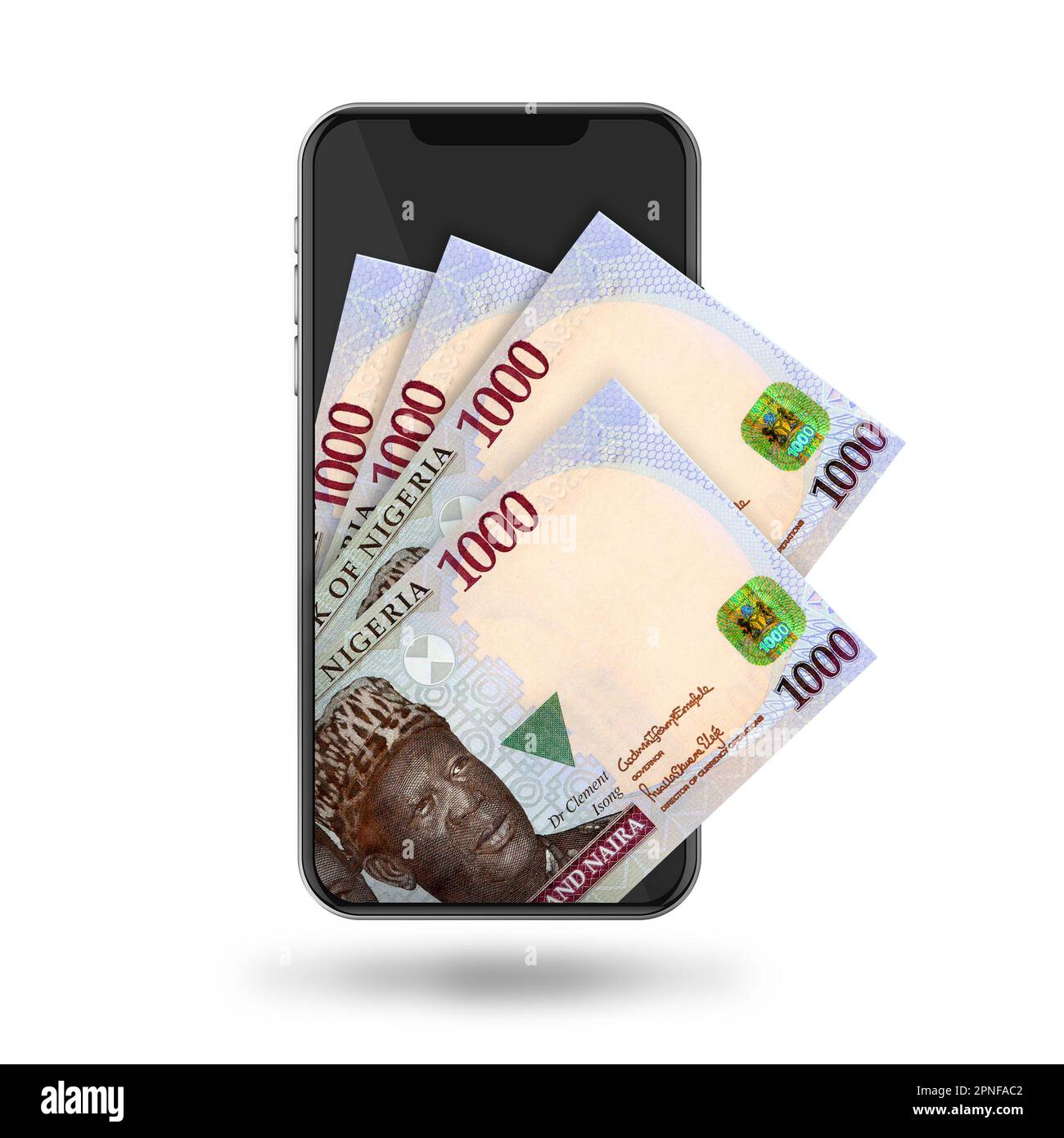 3D Darstellung nigerianischer Naira-Notizen hinter dem Mobiltelefon Stockfoto