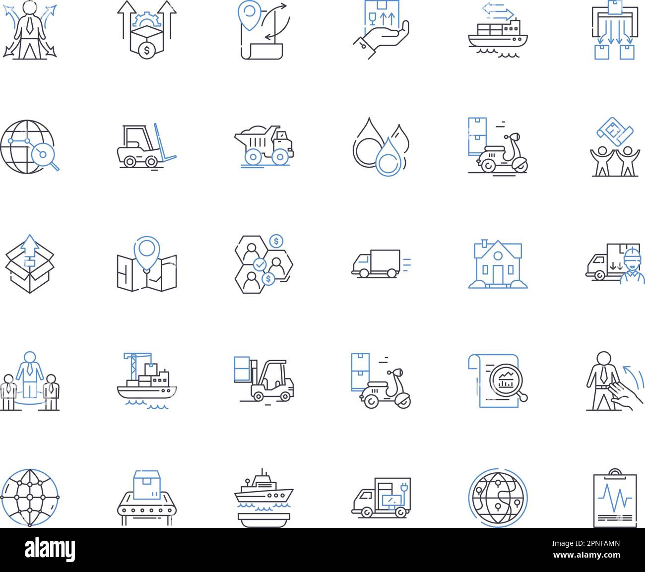 Symbolsammlung für Auslieferungspositionen. Versand, Sendung, Paket, Kurier, Paket, Konsignation, Frachtvektor und lineare Darstellung. Express, Speedy, Prompt Stock Vektor