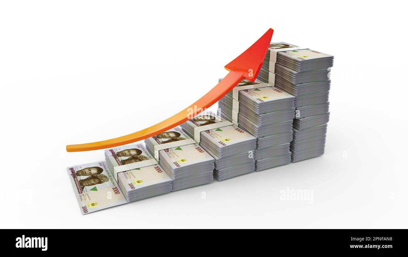 Zeichen für Finanzwachstum aus Stapeln nigerianischer Naira-Noten. 3D Rendering von Naira-Geld in Form eines Balkendiagramms, isoliert auf weißem Hintergrund Stockfoto