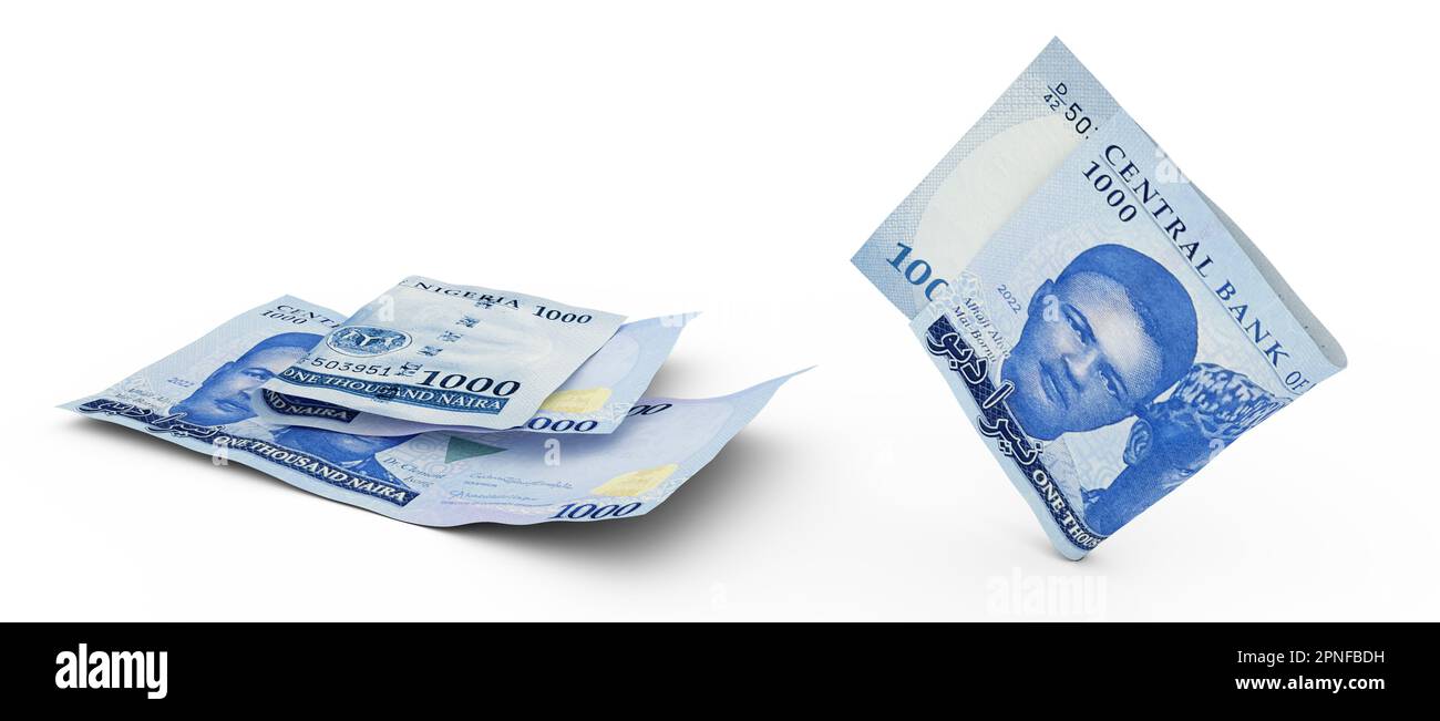 Set mit 1000 nigerianischen Naira-Noten, isoliert auf weißem Hintergrund. 3D-Rendering Stockfoto