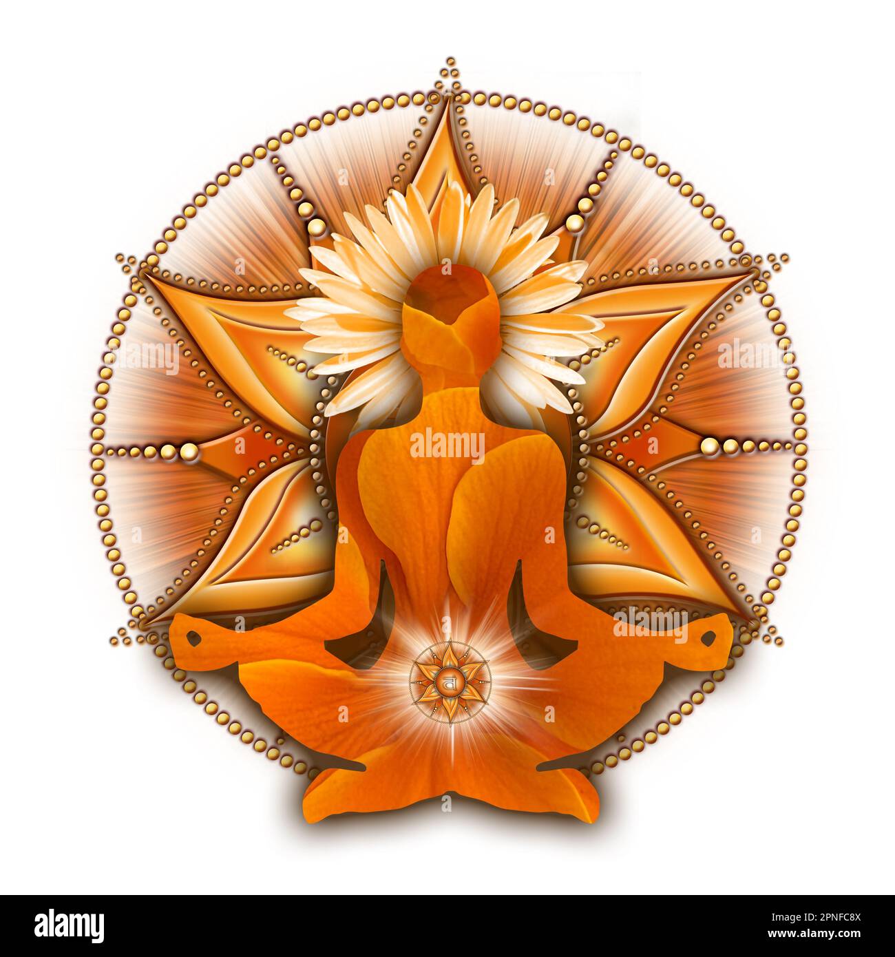 Sakrale Chakra-Meditation in Yoga-Lotus-Pose, vor dem Svadhisthana-Chakra-Symbol. Stockfoto