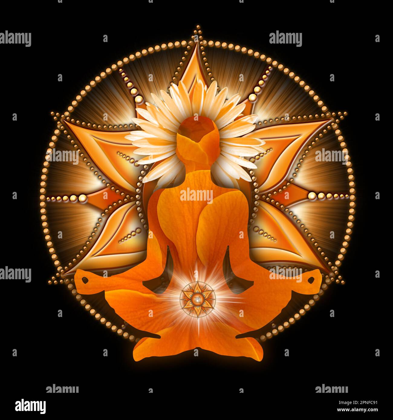 Sakrale Chakra-Meditation in Yoga-Lotus-Pose, vor dem Svadhisthana-Chakra-Symbol. Stockfoto
