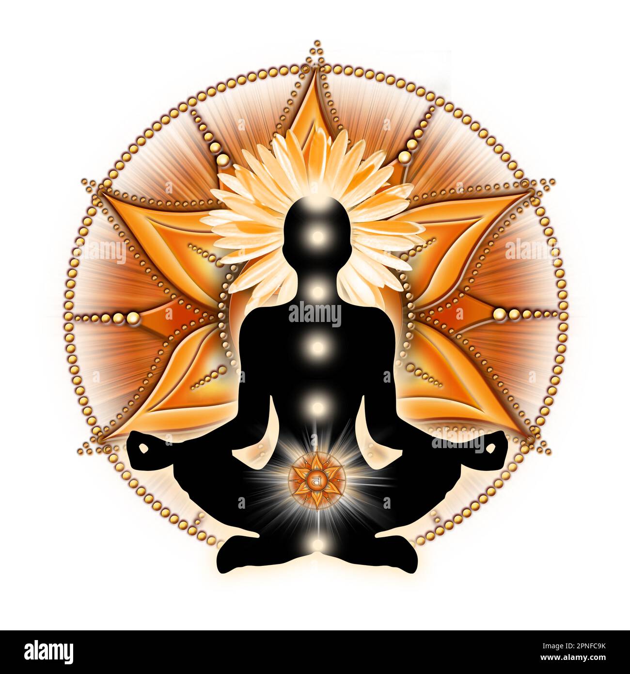 Sakrale Chakra-Meditation in Yoga-Lotus-Pose, vor dem Svadhisthana-Chakra-Symbol. Stockfoto