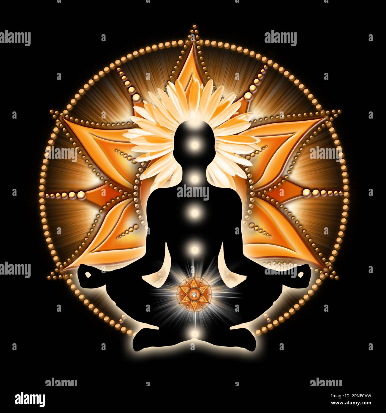 Sakrale Chakra-Meditation in Yoga-Lotus-Pose, vor dem Svadhisthana-Chakra-Symbol. Stockfoto
