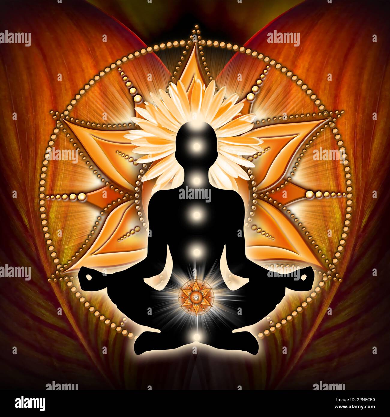 Sakrale Chakra-Meditation in Yoga-Lotus-Pose, vor Svadhisthana-Chakra-Symbol und Canna-Blatt. Stockfoto