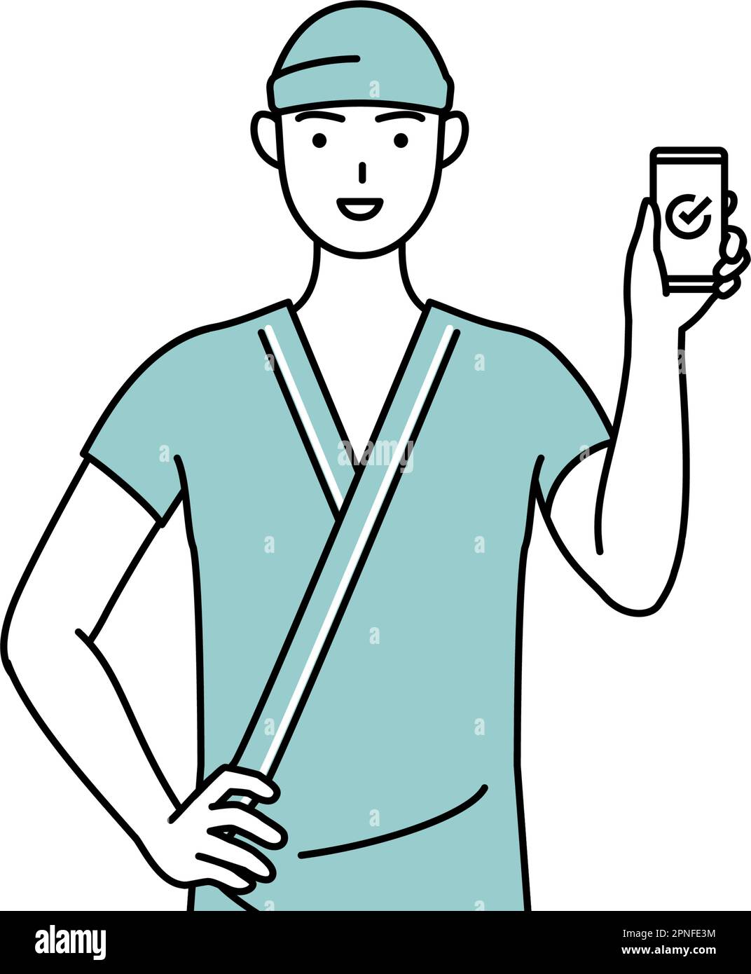 Männlicher aufgenommener Patient im Krankenhauskleid mit einem Smartphone am Arbeitsplatz, Vector Illustration Stock Vektor