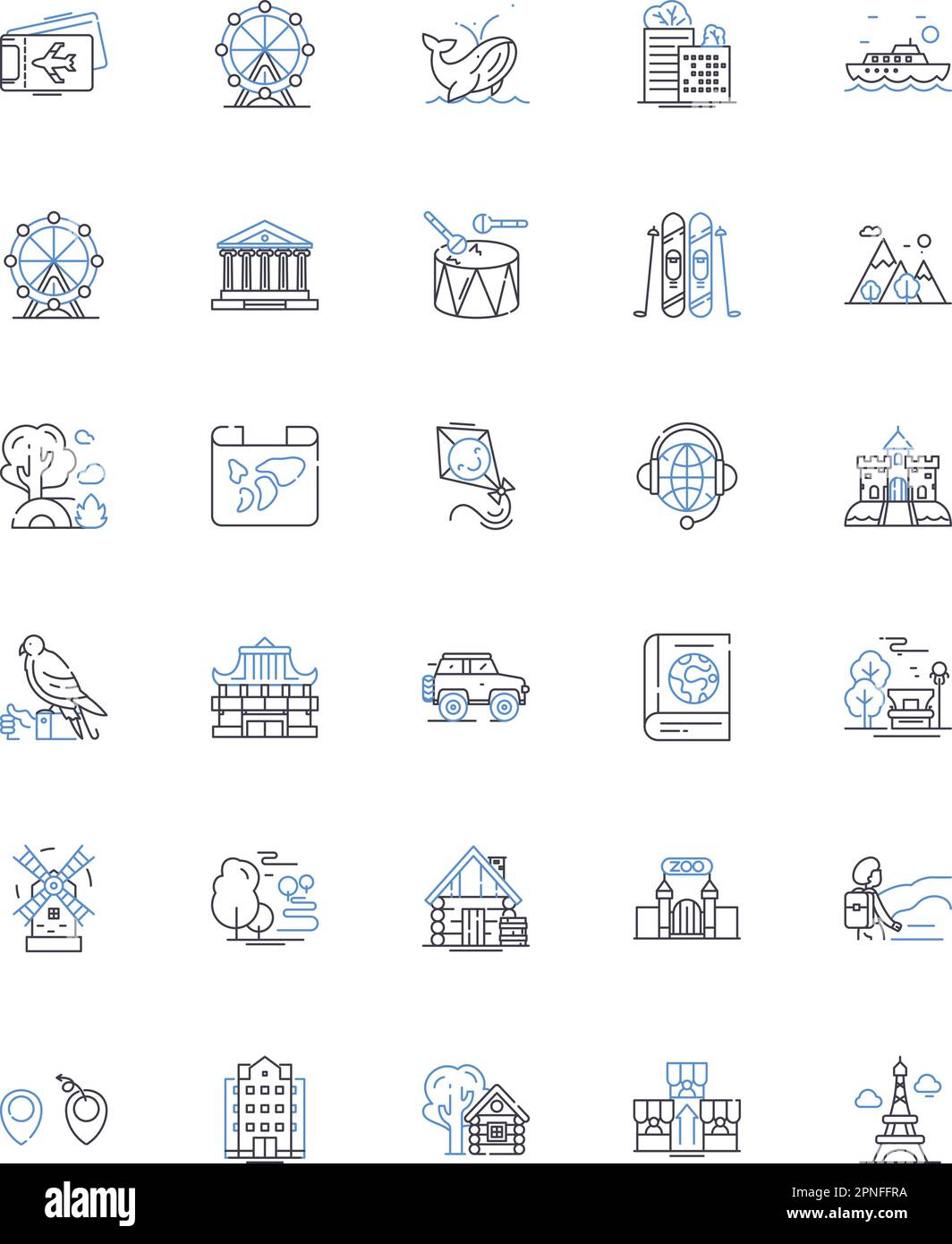Sammlung von Symbolen für den Reiseleiter. Sightseeing, Geschichte, Abenteuer, Navigation, Gastfreundschaft, Kultur, Vektor der Landmarken und lineare Darstellung Stock Vektor