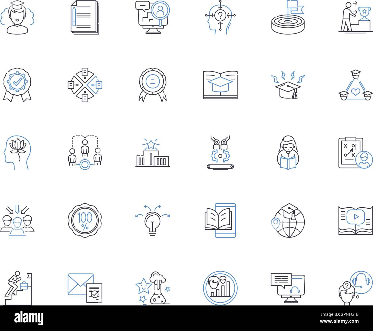 Symbolsammlung für Schullinie. Bildung, Lernen, Lehrplan, Unterricht, Hausaufgaben, Untersuchung, Testvektor und lineare Darstellung. Klasse, Schüler Stock Vektor