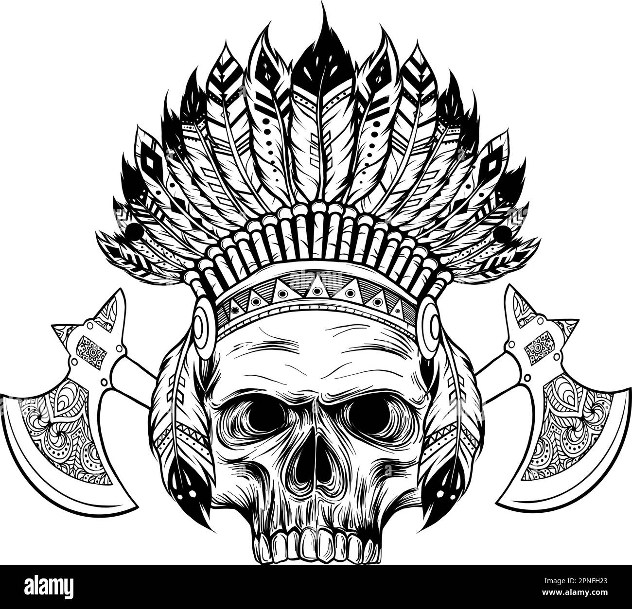 Einfarbige Vektordarstellung eines stilisierten Totenkopfes mit amerikanischer Kriegshaube. Stock Vektor