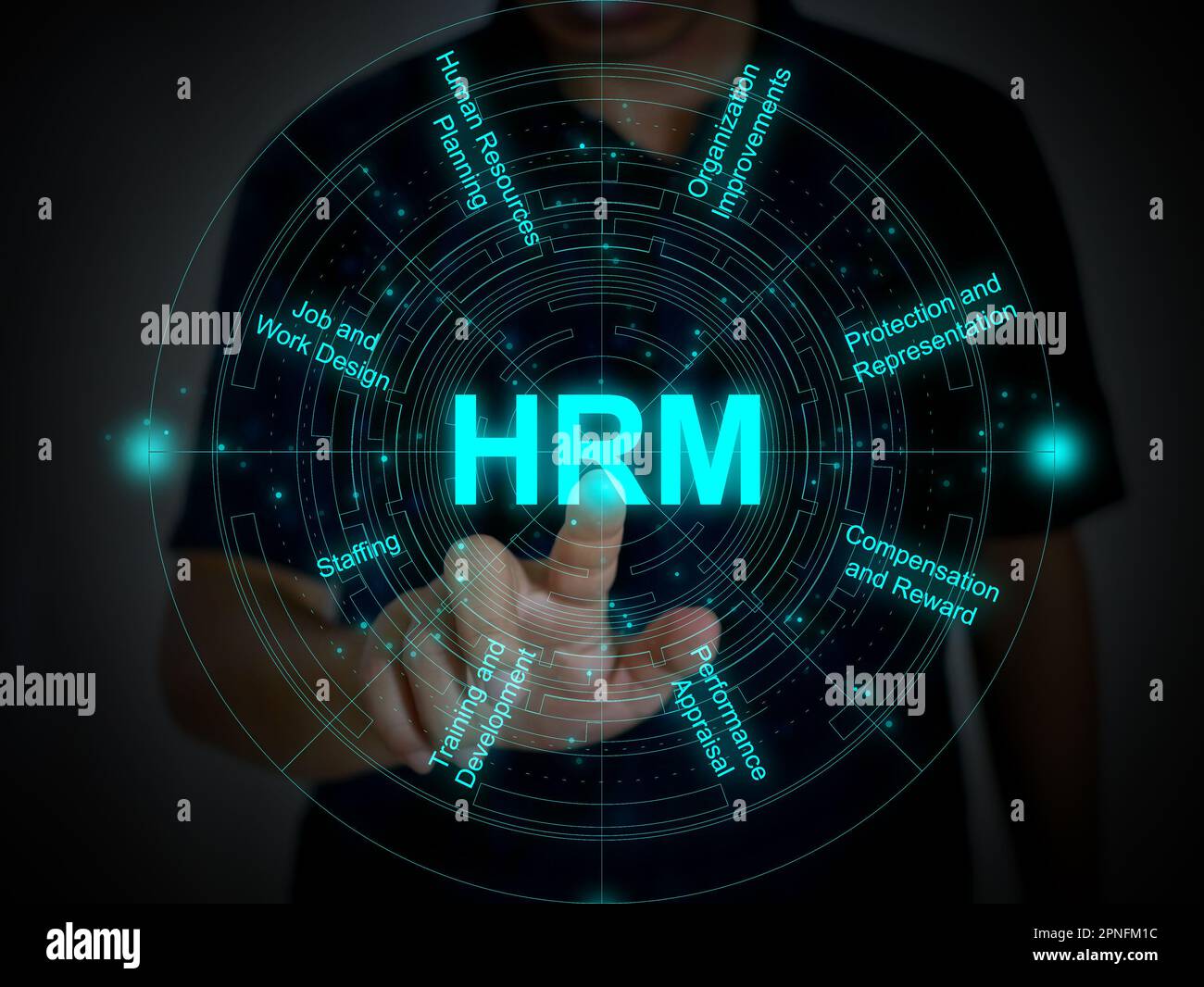 Ein Fingertippen oder Aktivieren der HRM-Funktion auf einem futuristischen virtuellen Bildschirm mit acht HRM-Komponenten. Human Resource Management-Konzept. Stockfoto