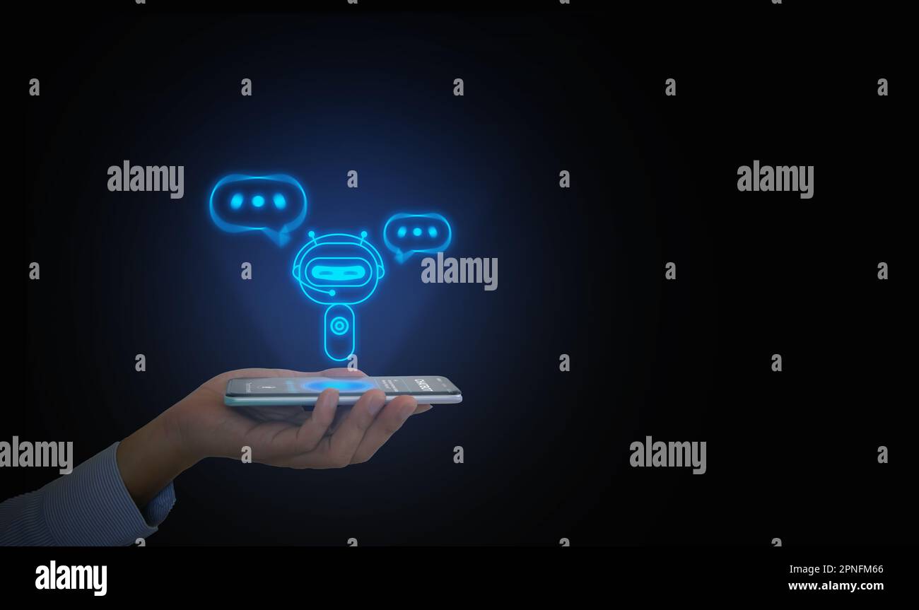 Digitaler Chatbot, Agenten im Gespräch, Roboteranwendung, Gesprächsassistent, der menschliche Sprache imitiert. Smartphone in der Hand mit digitalem AI cha Stockfoto
