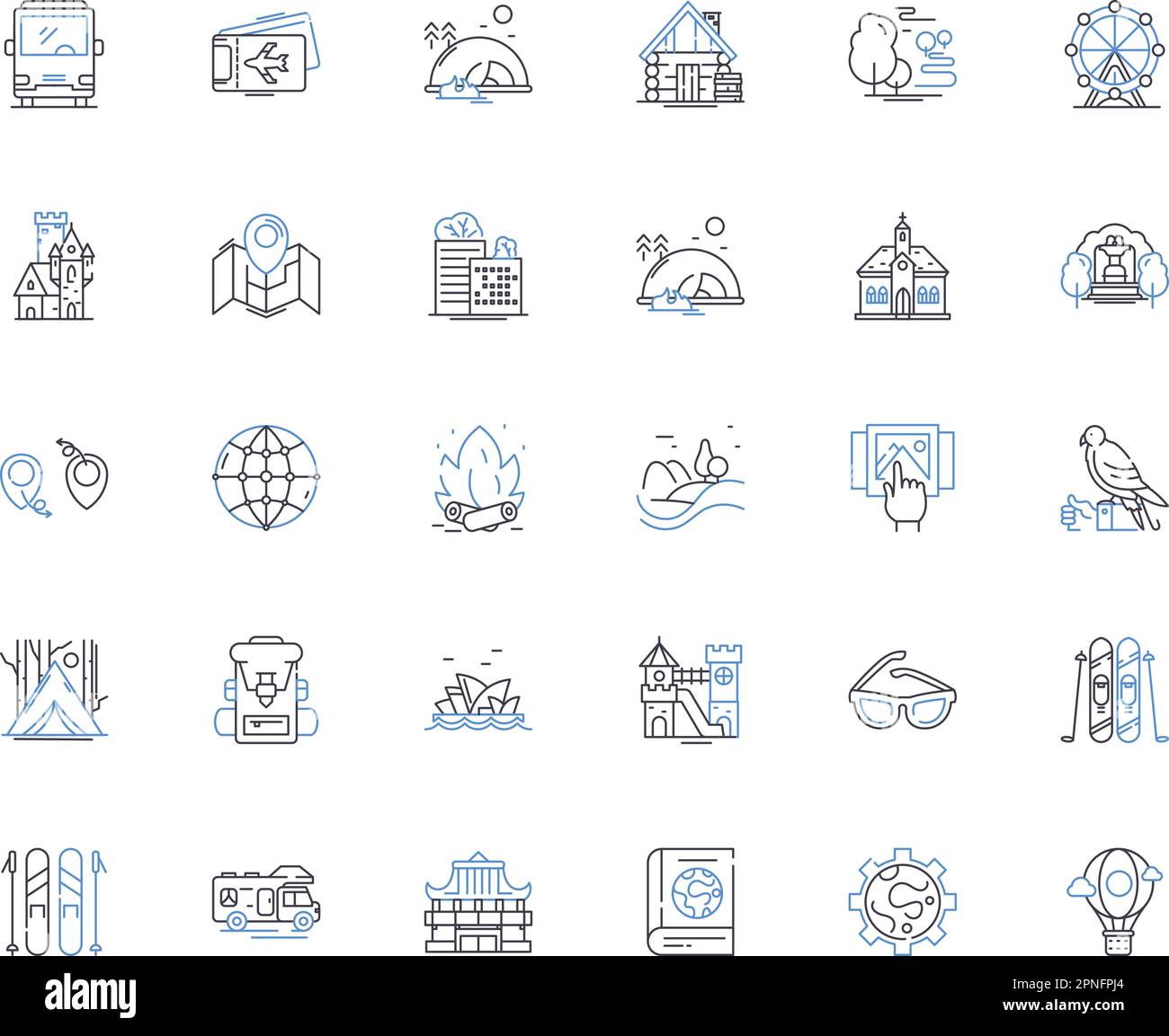 Symbolsammlung für Geschäftsbereiche Reisen. Abenteuer, Kultur, Luxus, Ökotourismus, Gastfreundschaft, Küche, Landschaftsvektor und lineare Darstellung Stock Vektor