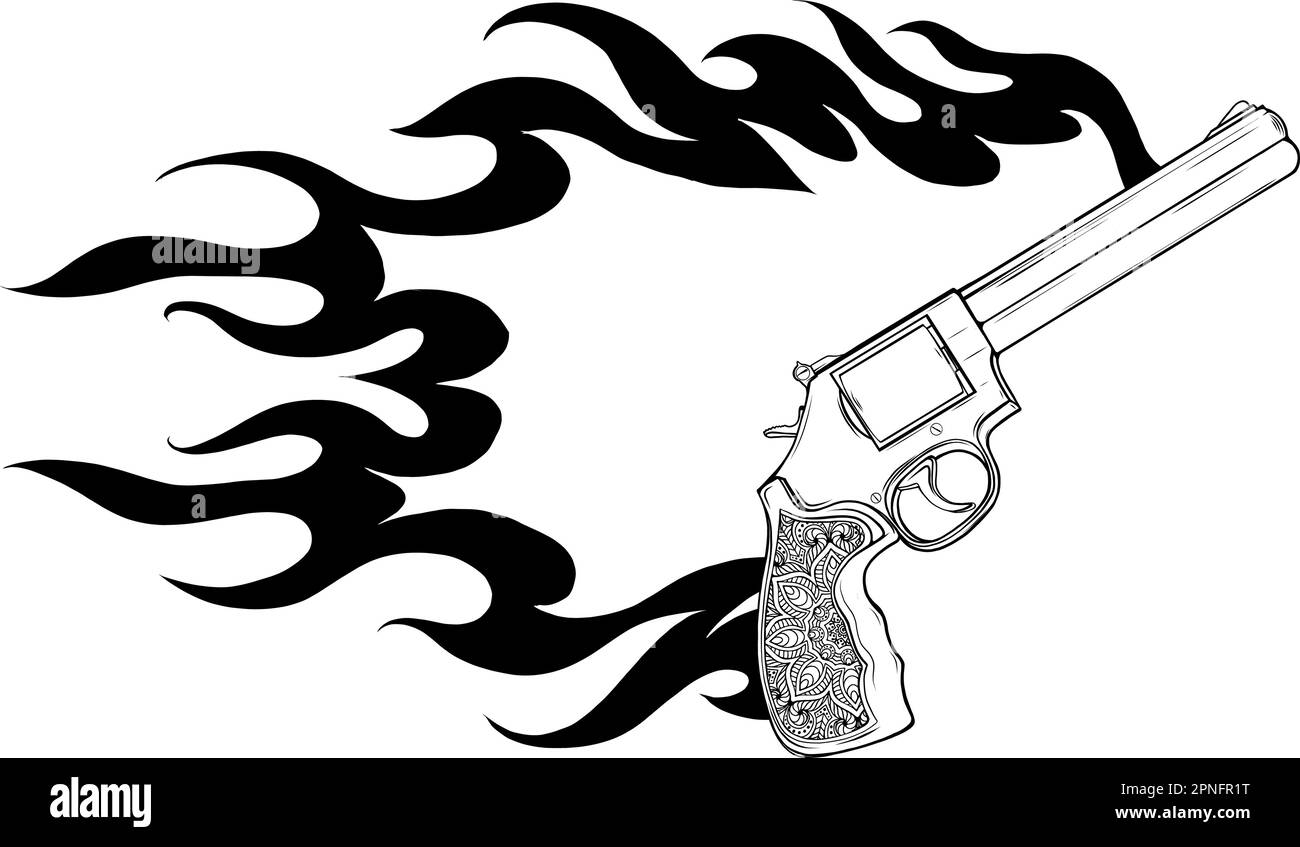Westliche Pistole oder Revolver mit Flammenvektor Darstellung im detaillierten monochromen Stil isoliert auf weißem Hintergrund Stock Vektor