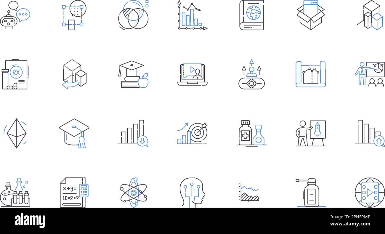Kollektion mit Symbolen für Biologielinien. DNA, Zellen, Mitose, Photosynthese, Protein, Evolution, Ökologie-Vektor und lineare Darstellung. Mikrobiologie, Botanik Stock Vektor