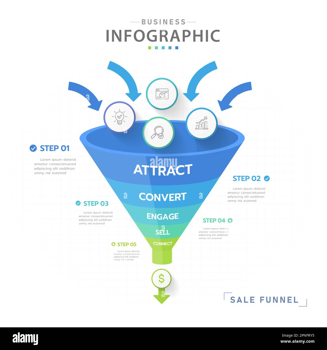 Infografik-Vorlage für Unternehmen. 5 Ebenen modernes Vertriebstrichter-Diagramm mit Pfeilen, Präsentationsvektor-Infografik. Stock Vektor