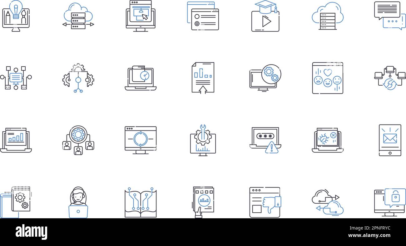 Kollektion künstlicher Intelligenz mit Liniensymbolen. Robotik, Automatisierung, Maschinelles Lernen, Nerven, Algorithmen, Big Data, Deep Learning und Stock Vektor
