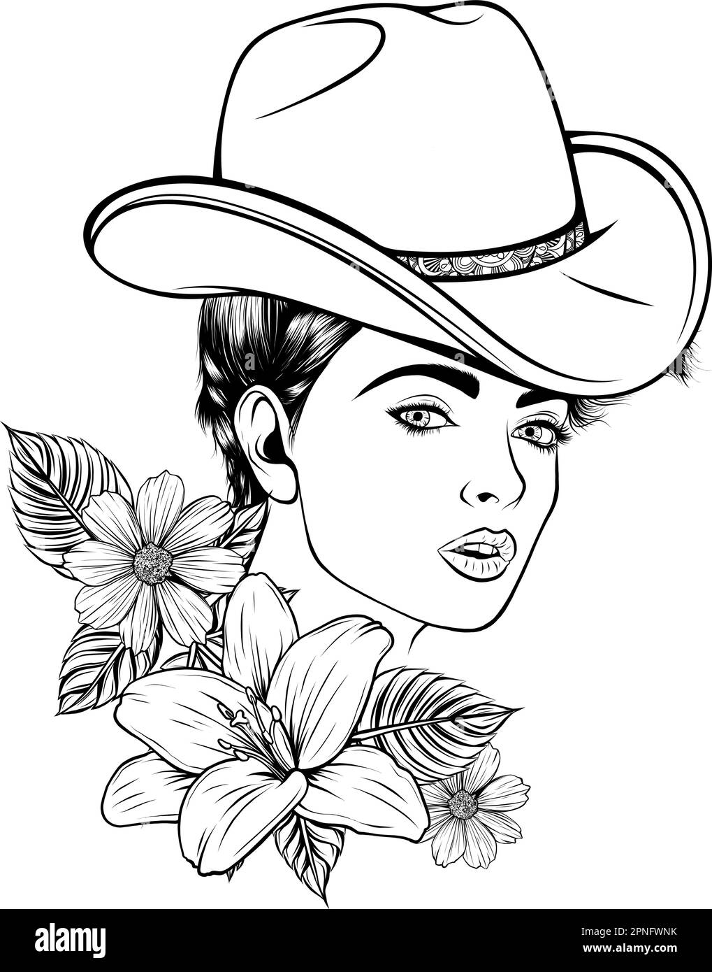 Junge Frau mit einem Cowboyhut. Handgezeichnete Vektordarstellung im gravierten Cowgirl Vintage-Stil, isoliert auf weißem Hintergrund. Stilisiertes Schwarz-Weiß Stock Vektor