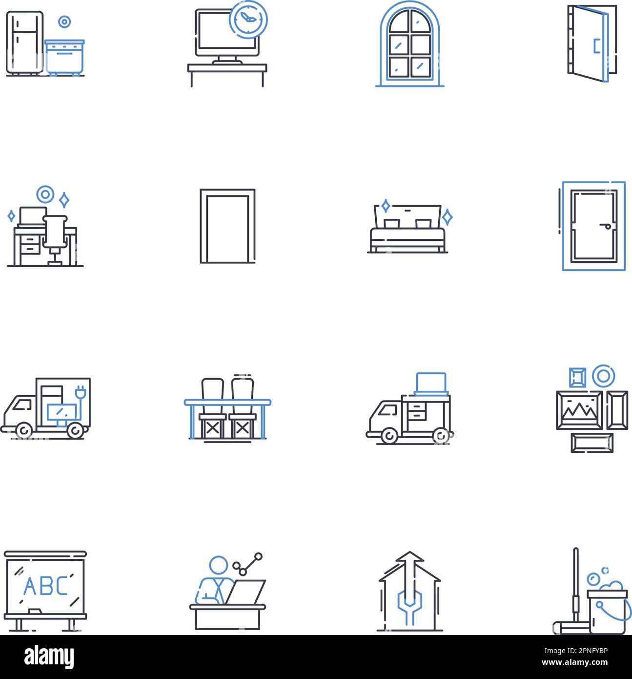 Icons-Kollektion für Nachttische. Schublade, Lampe, Alarm, Buch, Drahtlos, Laden, Organizer-Vektor und lineare Darstellung. Klein, gemütlich, Ablagefläche Stock Vektor