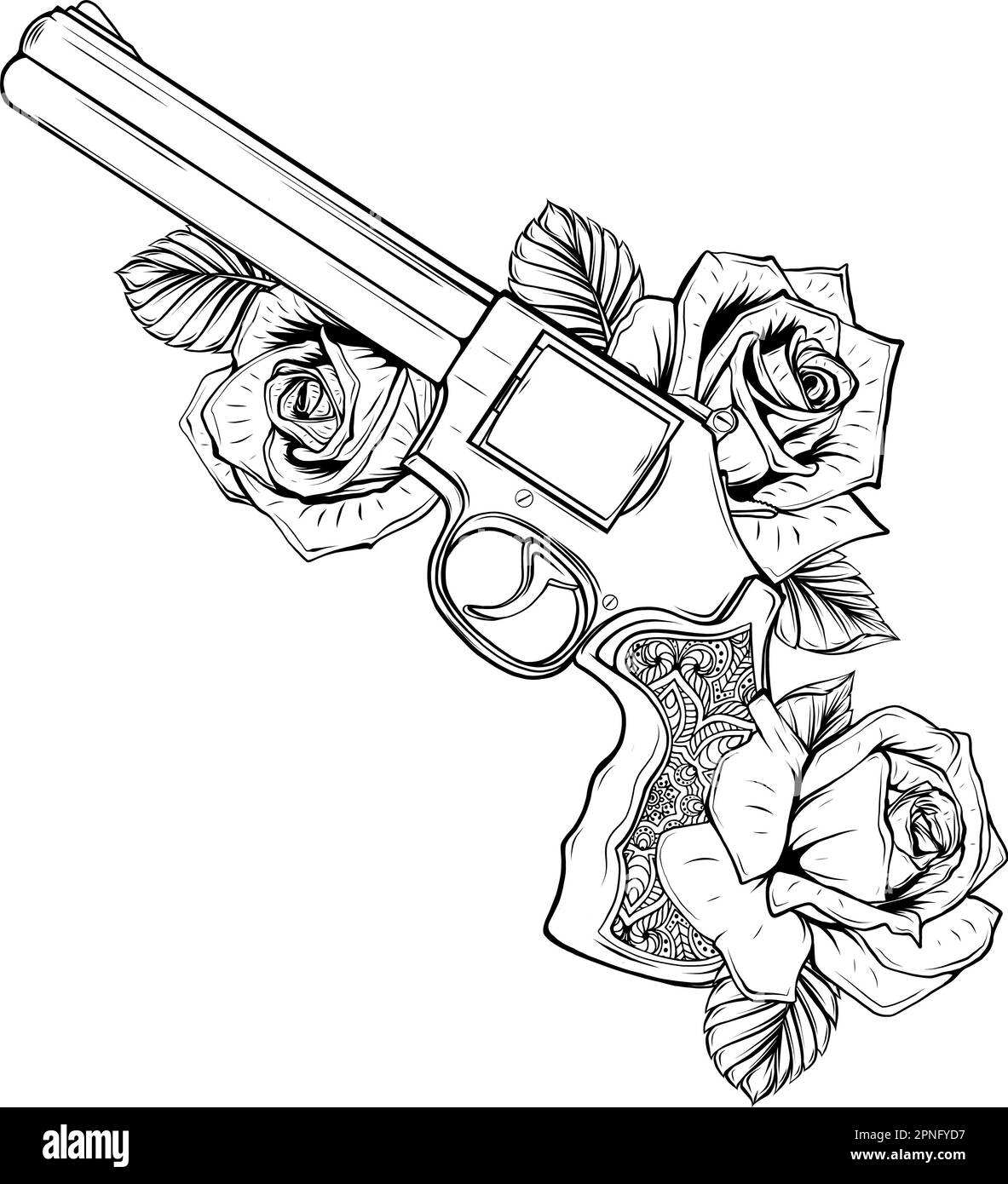 Revolver mit Rose isoliert auf weiß in Schwarzweiß-Ausführung. Illustration. Stockfoto